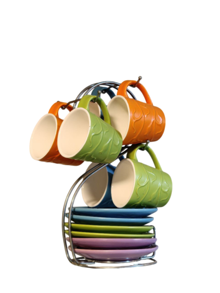 Colorful coffee set on a stand