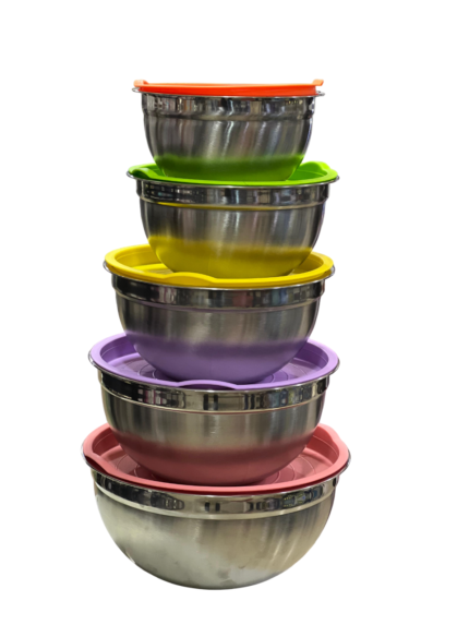 Stainless steel bowl set, 5 pieces in assorted colors