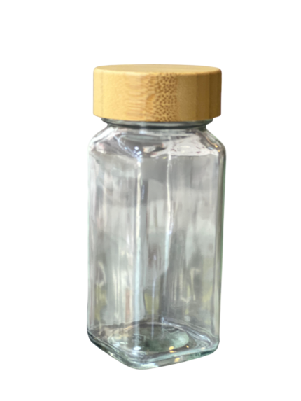 Glass salt shaker, wooden lid