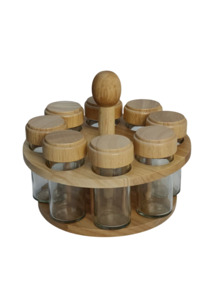 Glass spice rack, bamboo stand, rotating 8-piece