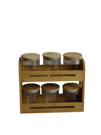 Glass spice rack, bamboo stand, rectangular, 7 pieces