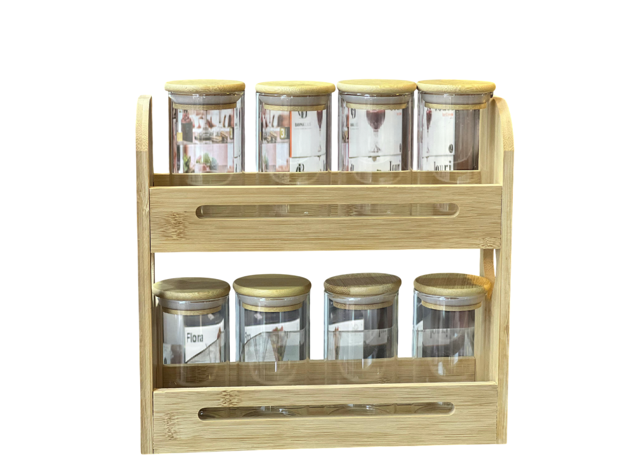 Glass spice rack, bamboo stand, rectangular, 9 pieces