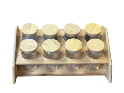 Glass spices, bamboo stand, slanted, 9 pieces