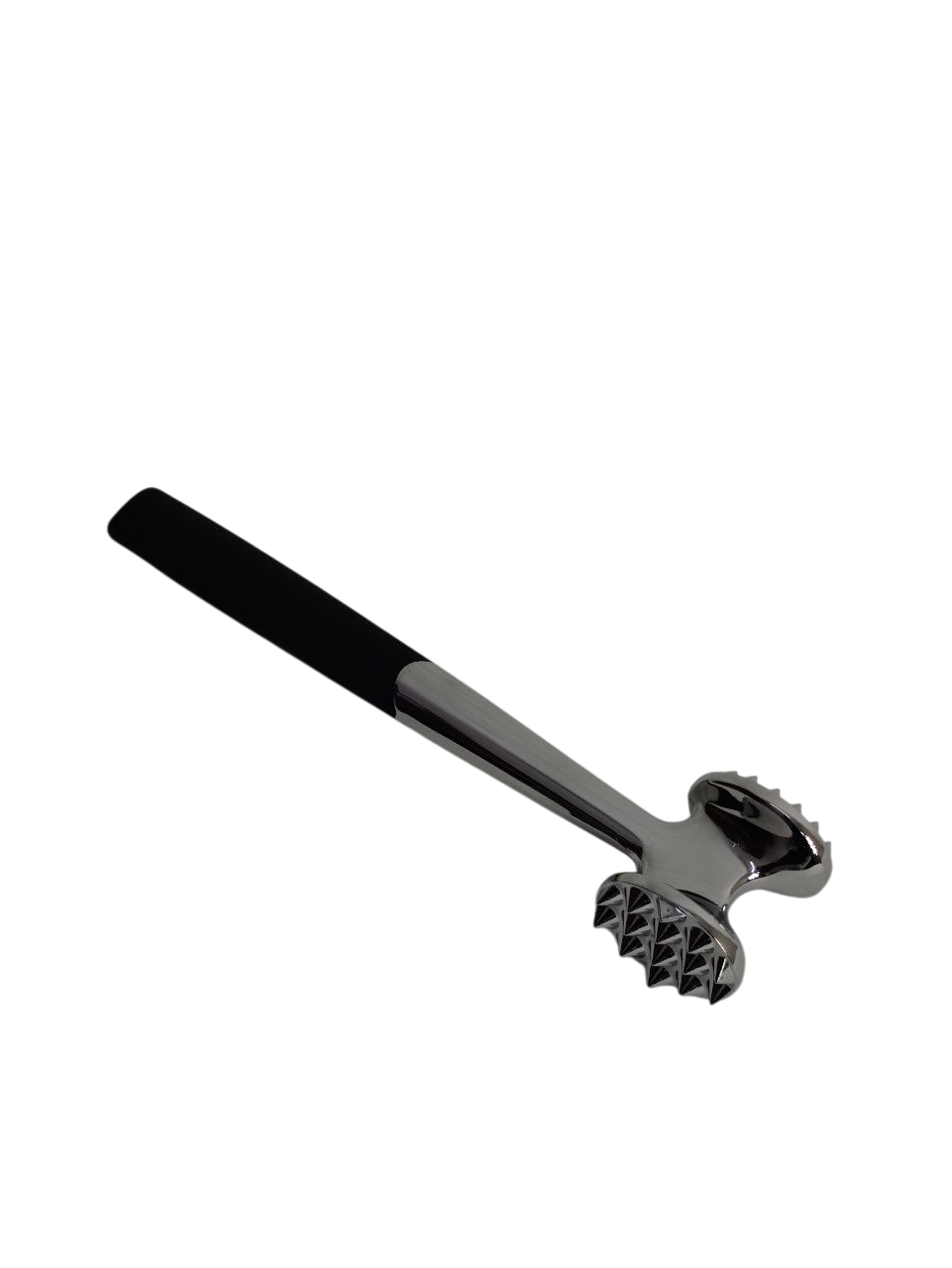 Nickel hammer, with a black, double-sided handle
