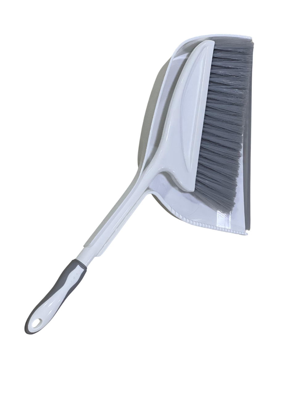 Brush with a dustpan, with a long leather handle