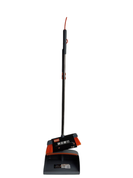 Dustpan with brush, long handle, orange steel