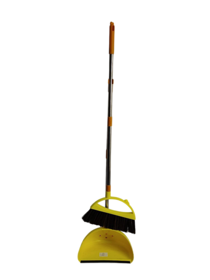 A shovel with a brush, a long handle, a chick