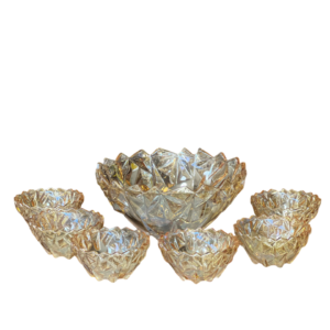 A set of compotes, glass with gold-rimmed, serrated edges.