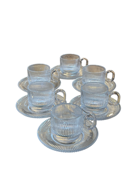 Coffee set with saucer, transparent ribbed, 12 pieces