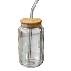 Glass mug, with a straw, bamboo lid