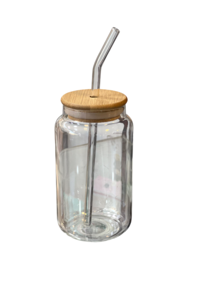 Glass mug, with a straw, bamboo lid