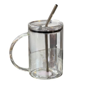 Glass mug, transparent, steel