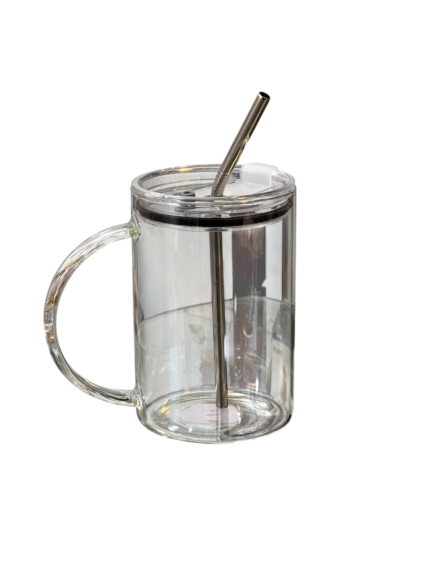 Glass mug, transparent, steel