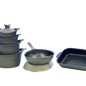 11-piece granite cookware set with grill, casserole dish, and wok