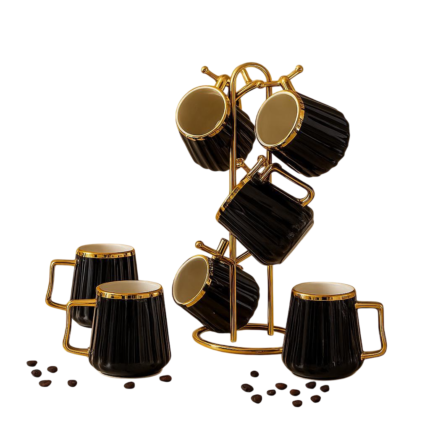 6-in-1 Coffee Mug Set, Ribbed, Gold Handle