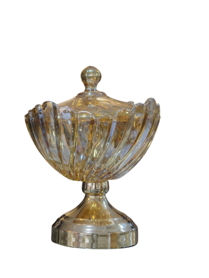 Glass bonbonnière, gold, ribbed with a base