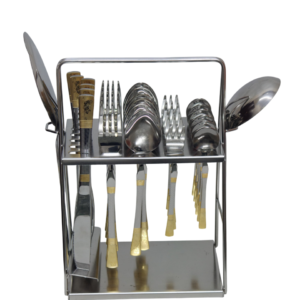 32-piece stainless steel cutlery set on a stand