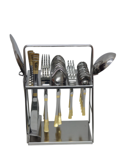 32-piece stainless steel cutlery set on a stand