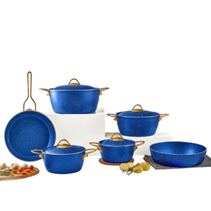 9-piece granite cookware set, Bombay style, gold handles