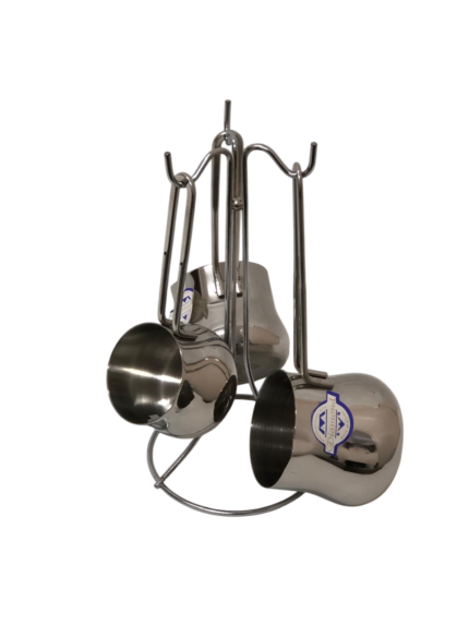 Stainless steel coffee pot set on a stand