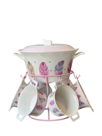 Soup mug set, with pot, 9 pieces, on a stand