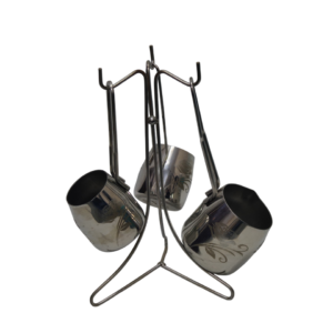 Laser-cut stainless steel set, on a stand