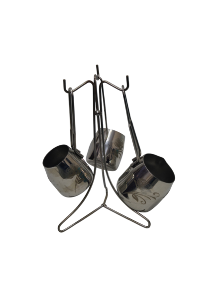 Laser-cut stainless steel set, on a stand