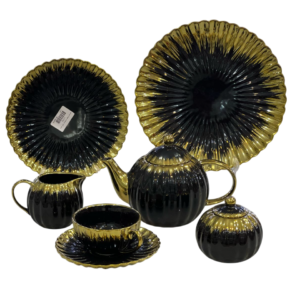 Set, tea, and cake, ribbed, car, gold