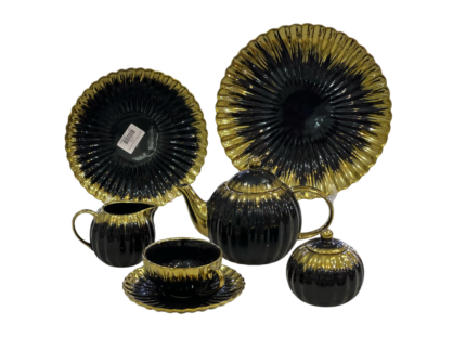 Set, tea, and cake, ribbed, car, gold