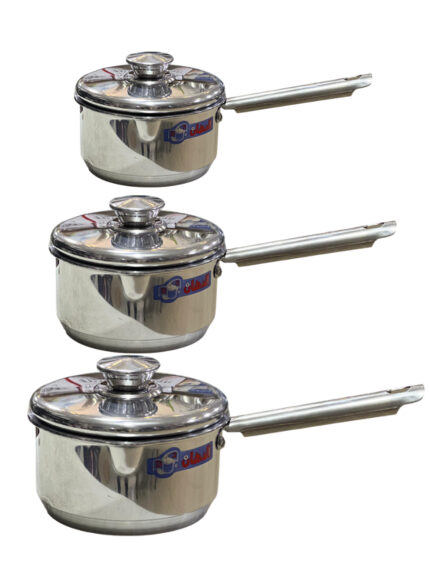 3-piece casserole set with handle, stainless steel, and lid.