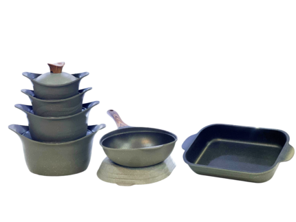11-piece granite cookware set with grill, casserole dish, and wok.