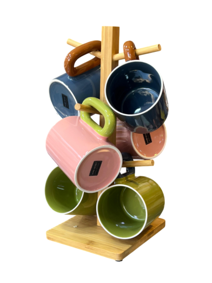 Mug, tea, 6 pieces, on a wooden stand