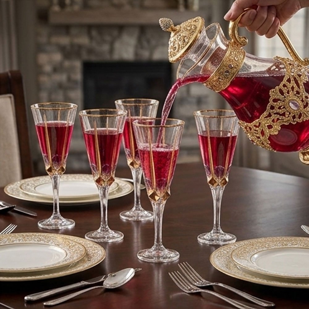 Luxury Bohemian crystal glass set with gold and mauve accents - 6 pieces - Image 2