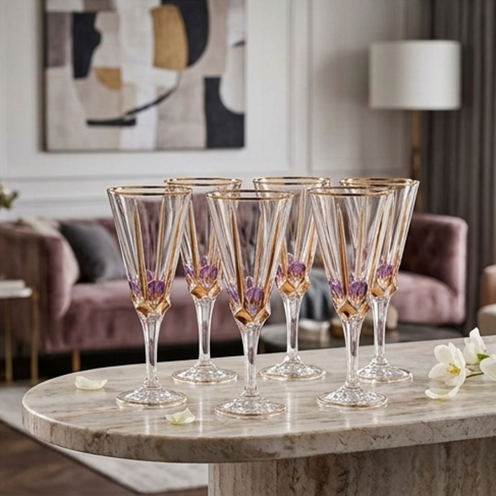 Luxury Bohemian crystal glass set with gold and mauve accents - 6 pieces - Image 4