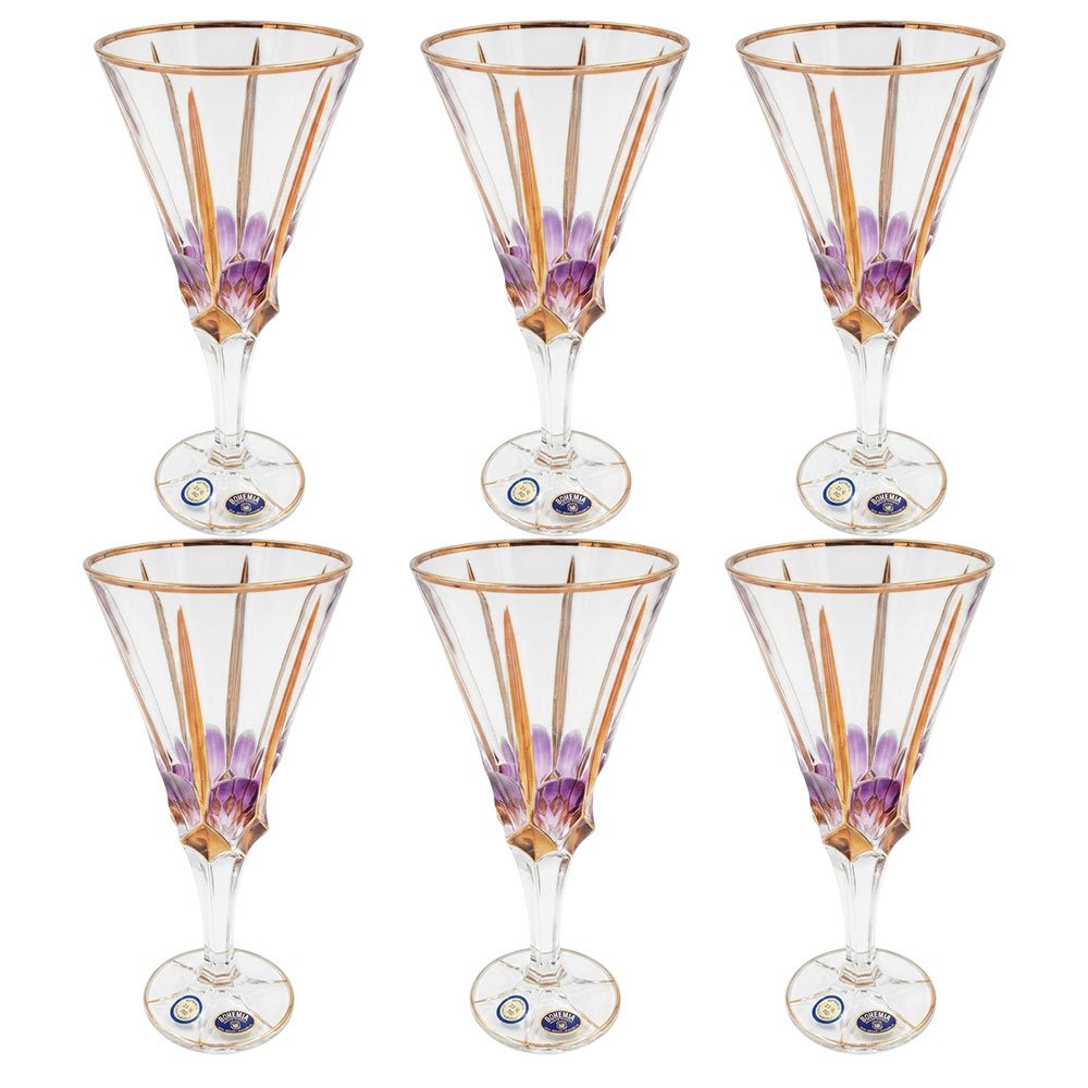 Luxury Bohemian crystal glass set with gold and mauve accents - 6 pieces