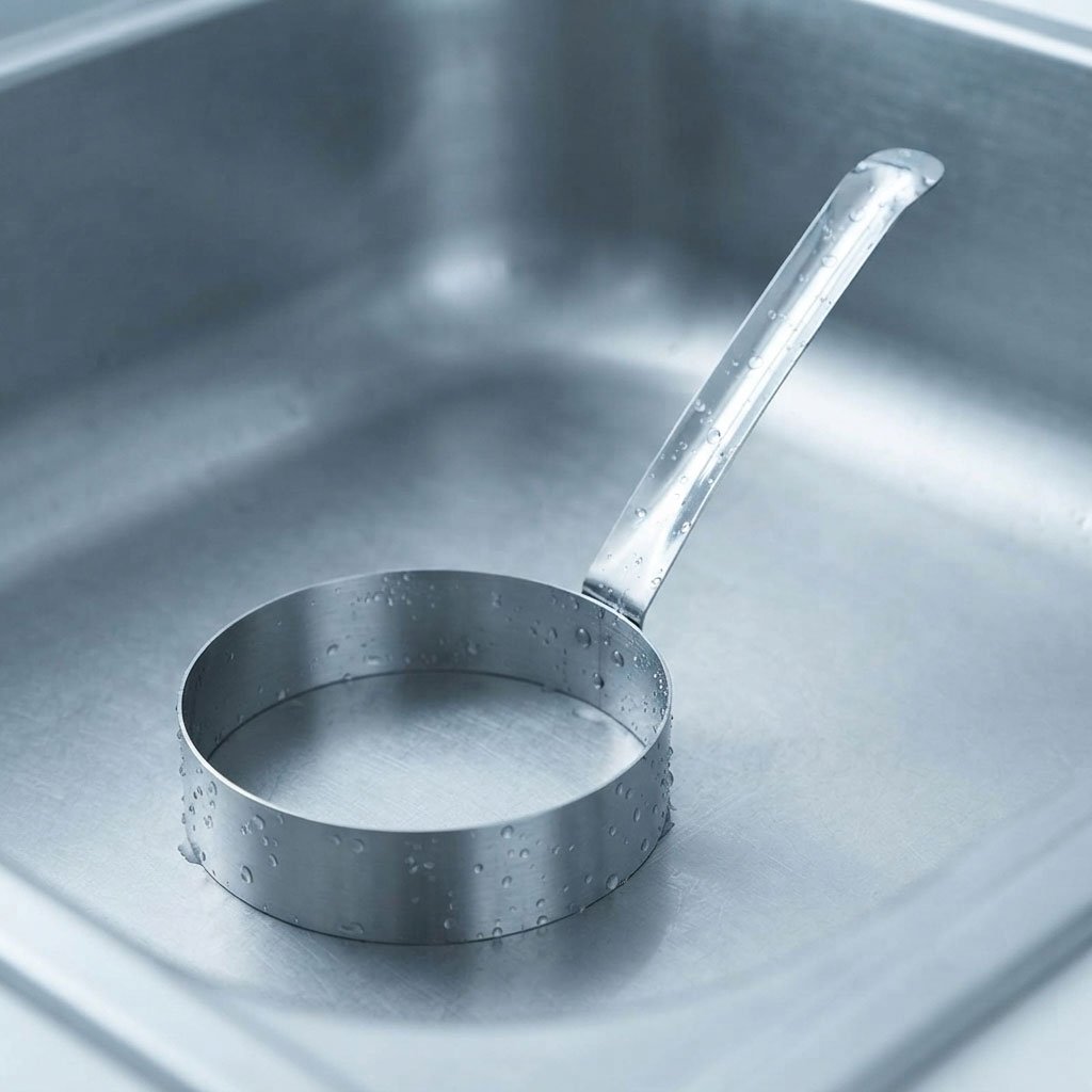 Stainless steel egg and pancake frying ring with a long handle for breakfast preparation - Image 3