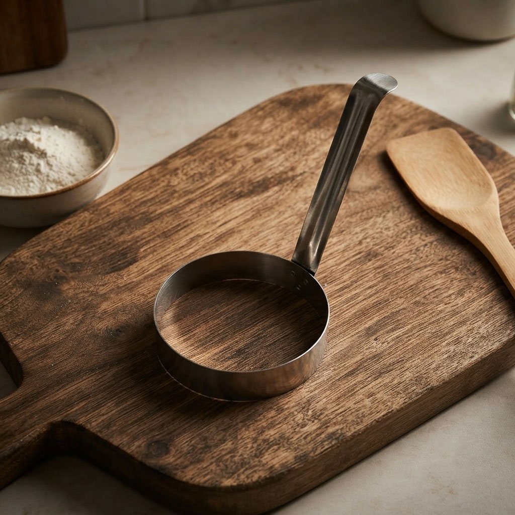 Stainless steel egg and pancake frying ring with a long handle for breakfast preparation - Image 2