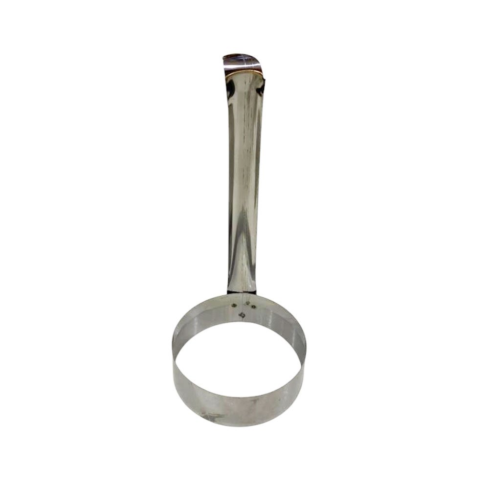 Stainless steel egg and pancake frying ring with a long handle for breakfast preparation