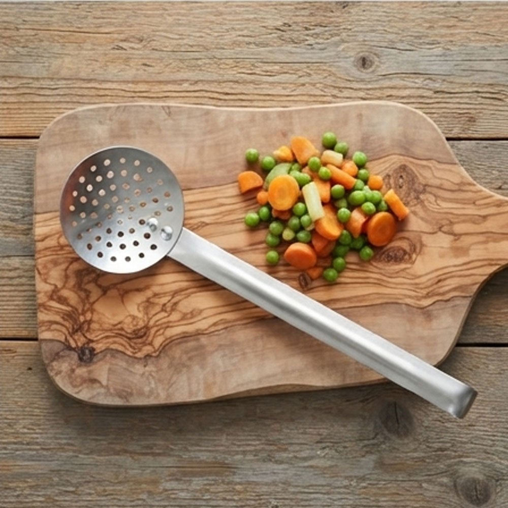 Perforated aluminum strainer and ladle for draining, frying, and browning food