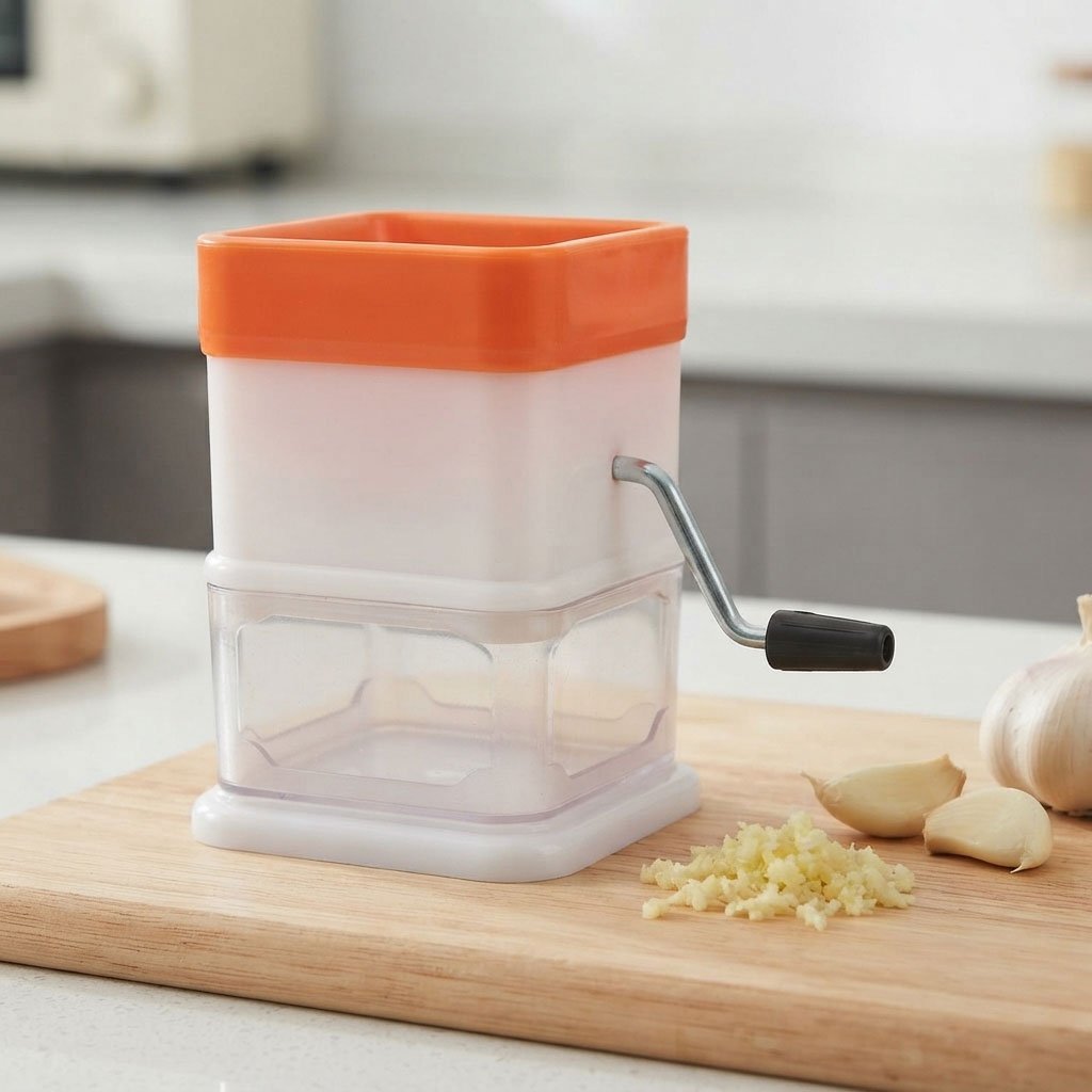 Manual vegetable and nut chopper and mincer with rotating handle and transparent collection bowl. - Image 3