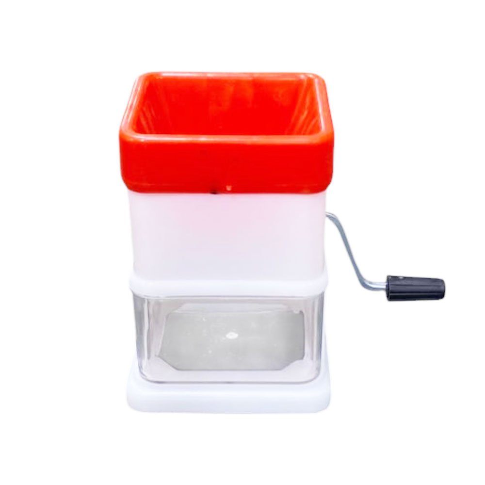 Manual vegetable and nut chopper and mincer with rotating handle and transparent collection bowl.