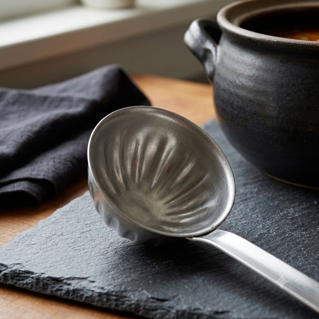 Stainless steel soup ladle with a long handle for serving and scooping in the kitchen. - Image 2