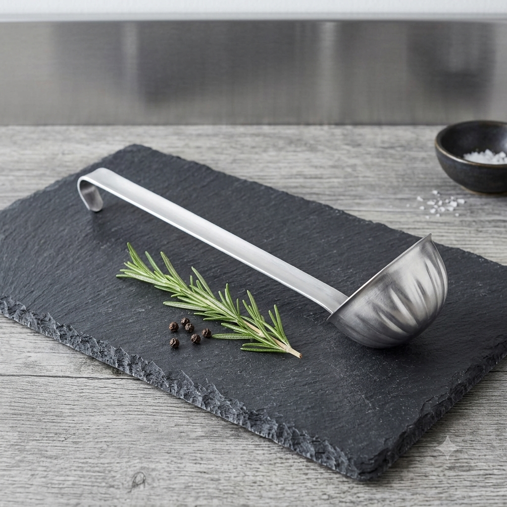Stainless steel soup ladle with a long handle for serving and scooping in the kitchen.
