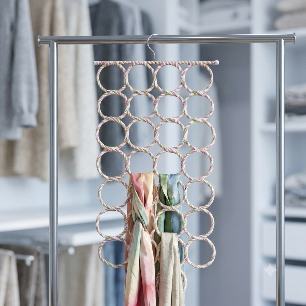 Multi-ring scarf and shawl organizer to save closet space
