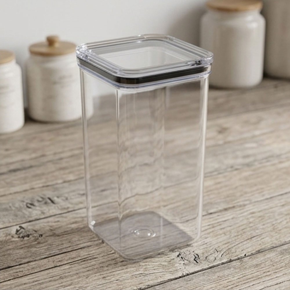 Clear acrylic food storage container with a tight-fitting lid for storing legumes and spices