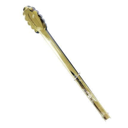 Large gold stainless steel food tongs for serving meats, salads, and grilled dishes