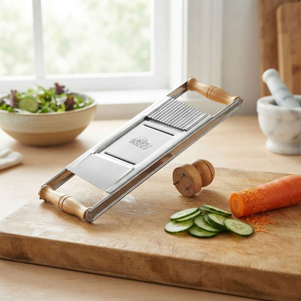 Stainless steel vegetable slicer and chopper with a wooden handle and hand guard.