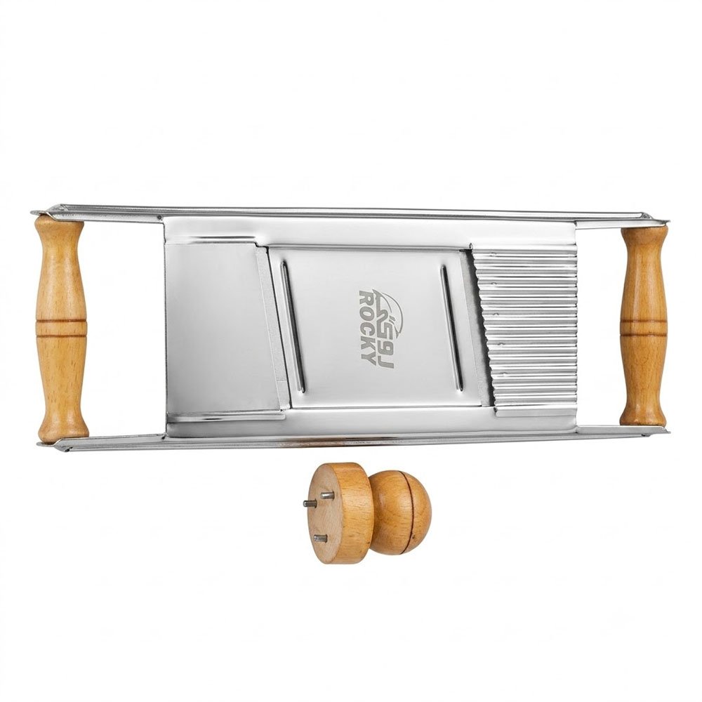 Stainless steel vegetable slicer and chopper with a wooden handle and hand guard. - Image 2