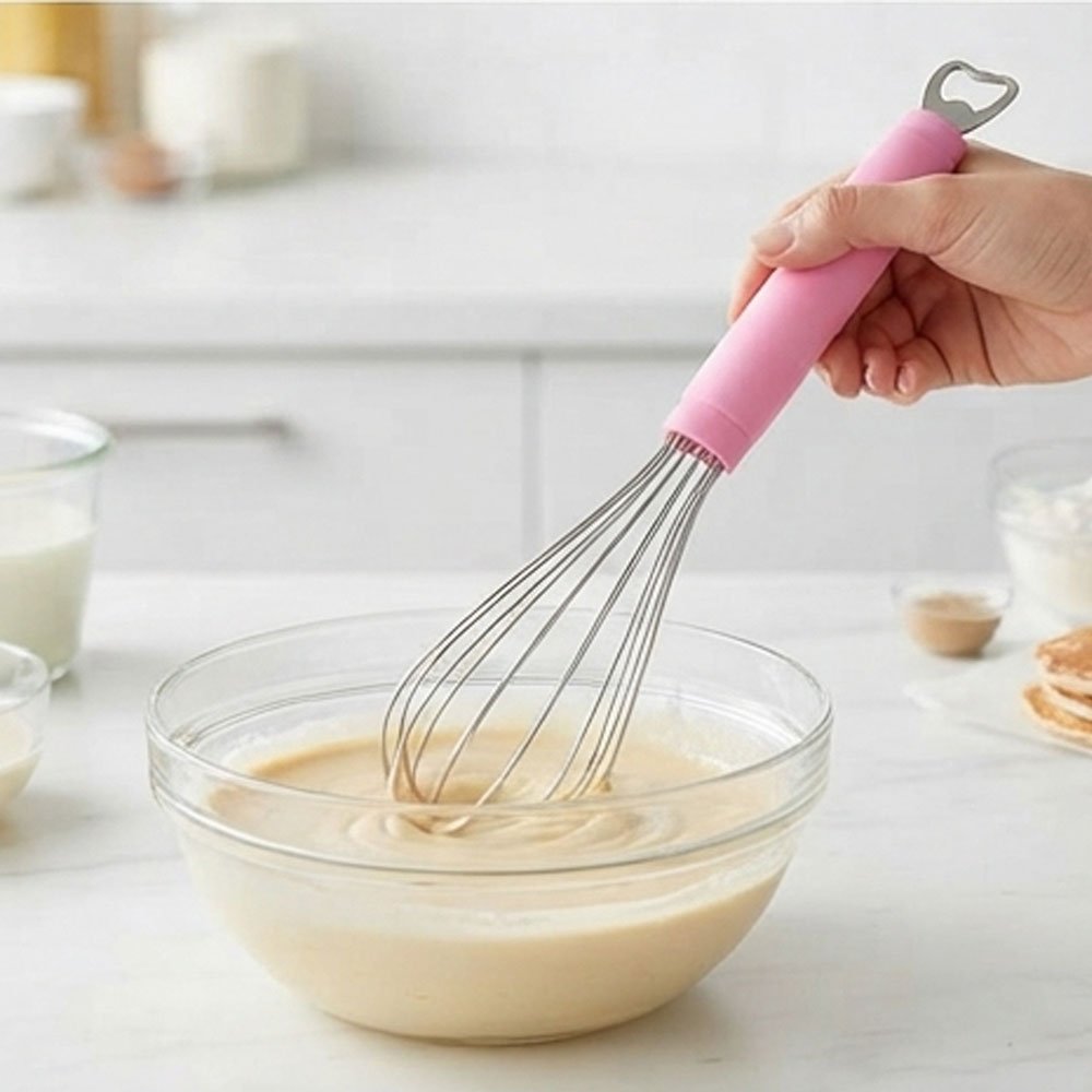 Stainless steel hand whisk with plastic handle and bottle opener