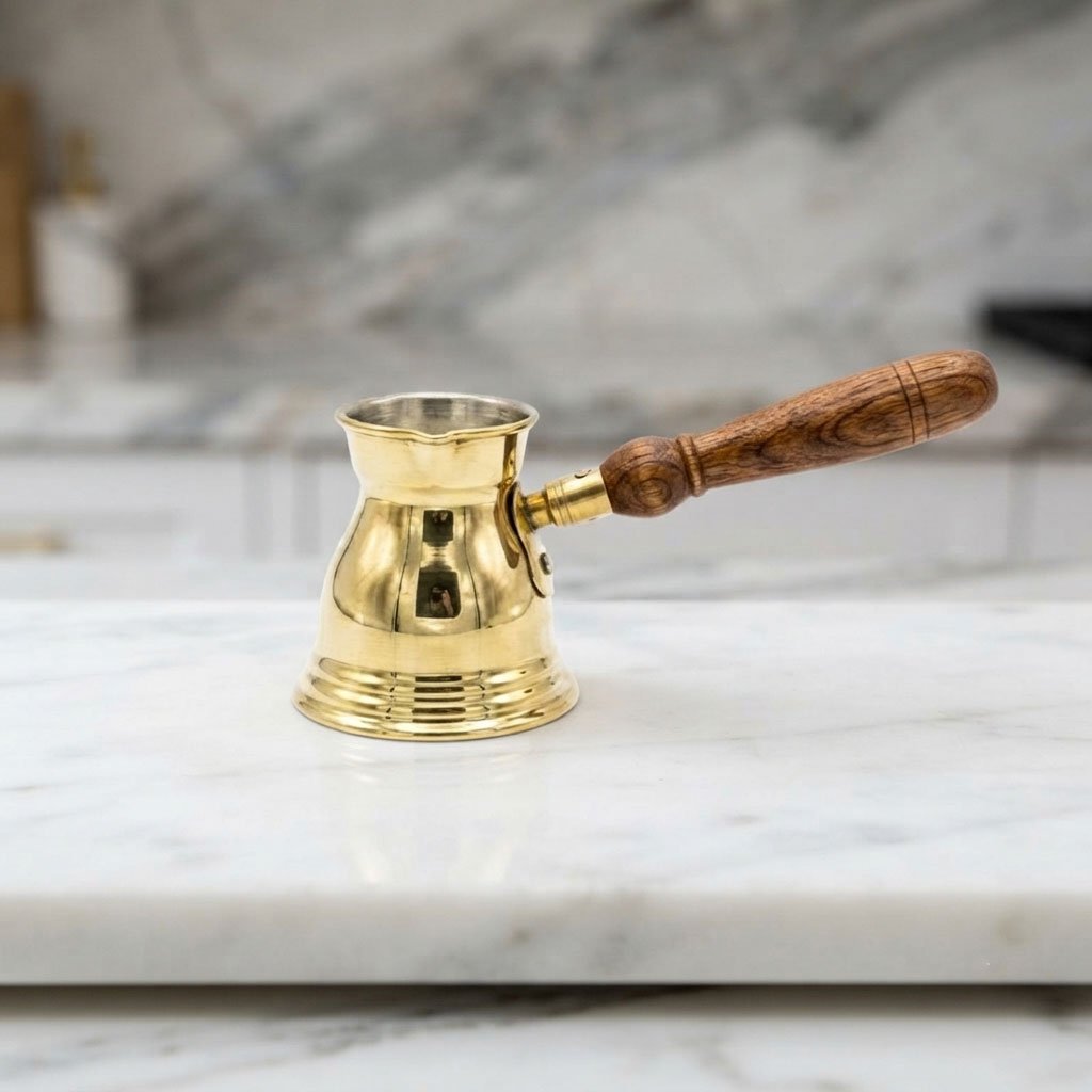 Brass coffee pot with wooden handle for making Turkish coffee - Size 2 - Image 4